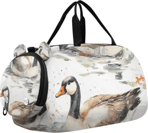 Watercolor Goose Swims Sports Duffle Bag for Teens Girls Boys, Gym Bag with Shoe Compartment, Kids Travel Overnight Weekender Shoulder Bag