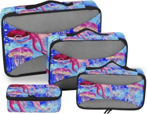 Watercolor Marine Jellyfish 4 PCs Set Packing Bags, Luggage Organizer Bag, Portable Cube Toiletry bag, Durable Travel Cosmetic Storage Bag for Men Women