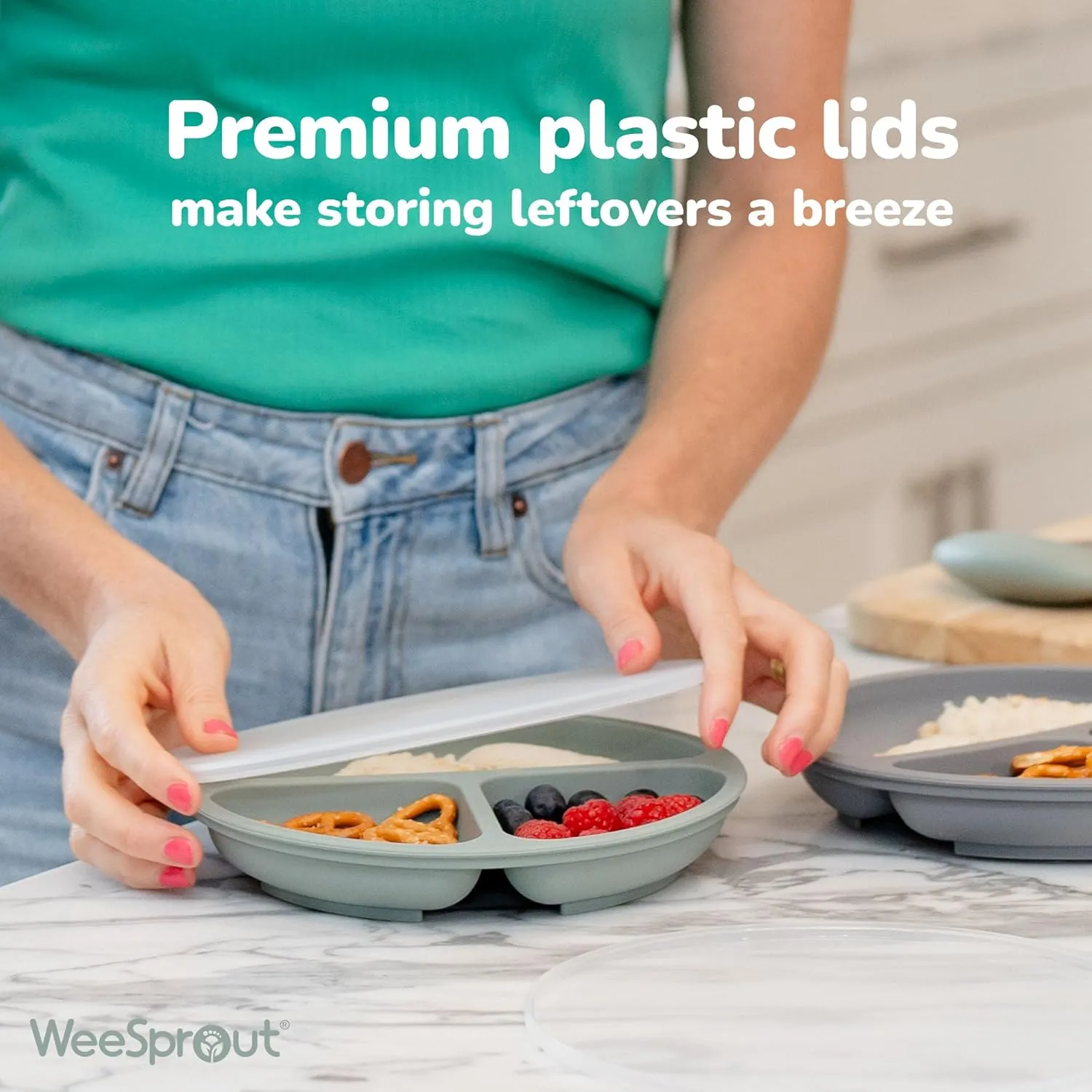 WeeSprout Suction Plates with Lids for Babies & Toddlers - 100% Silicone, Dinnerware Stays Put, Divided Design for Picky Eaters, Microwave & Dishwasher Friendly, 3 Pack