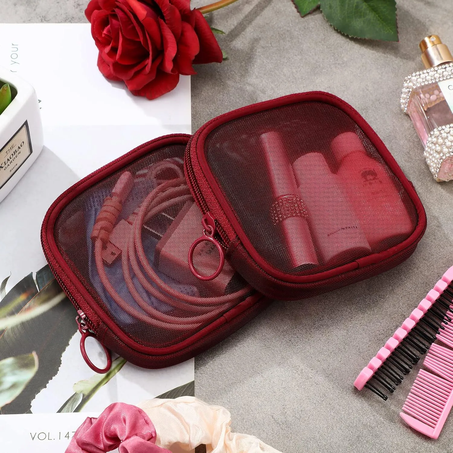 Weewooday 4 Pcs Mesh Makeup Bag Mesh Cosmetic Bag Travel Toiletry Pouch with Zipper Mini Makeup Cosmetic Purse for Daily Accessory(Small,Wine Red)