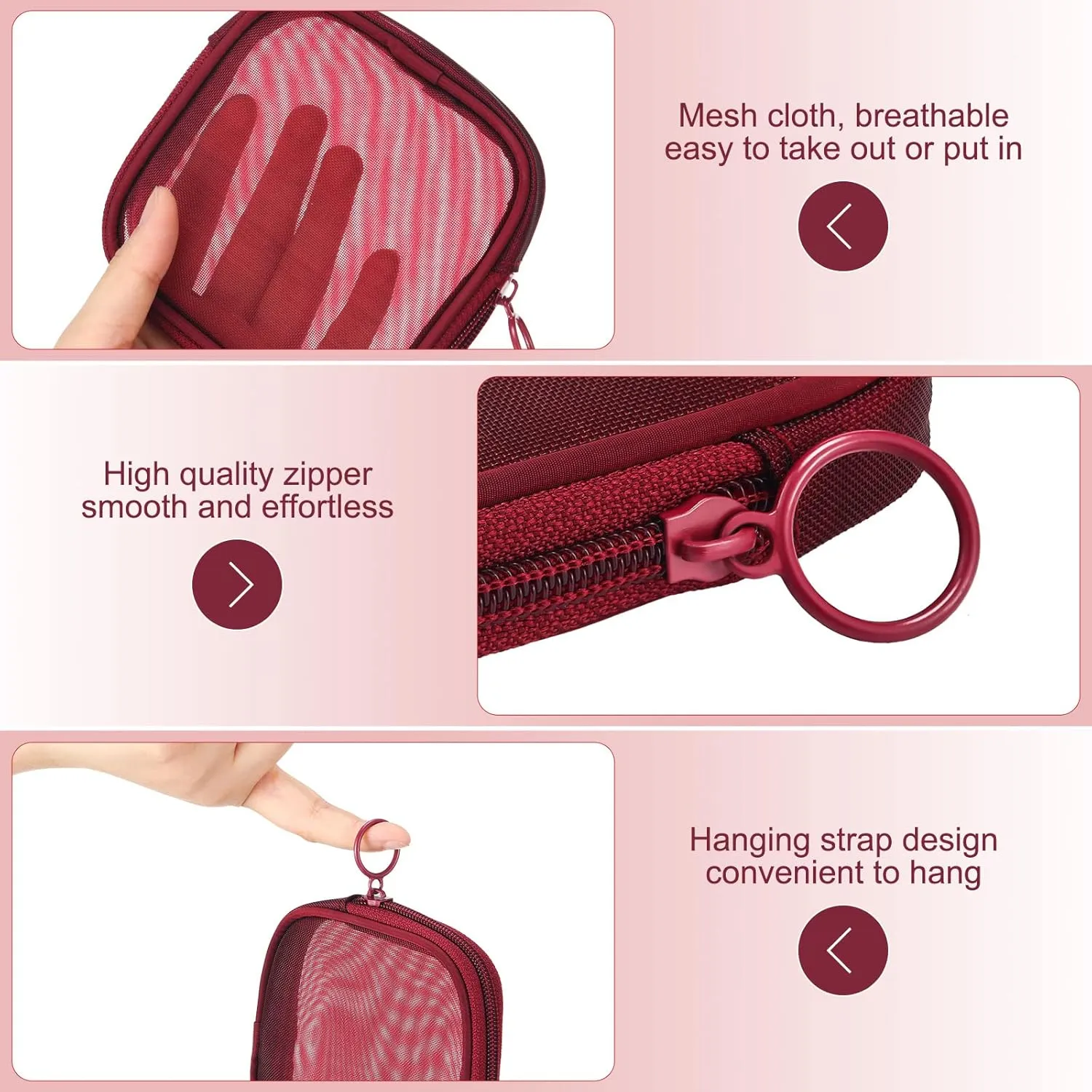 Weewooday 4 Pcs Mesh Makeup Bag Mesh Cosmetic Bag Travel Toiletry Pouch with Zipper Mini Makeup Cosmetic Purse for Daily Accessory(Small,Wine Red)