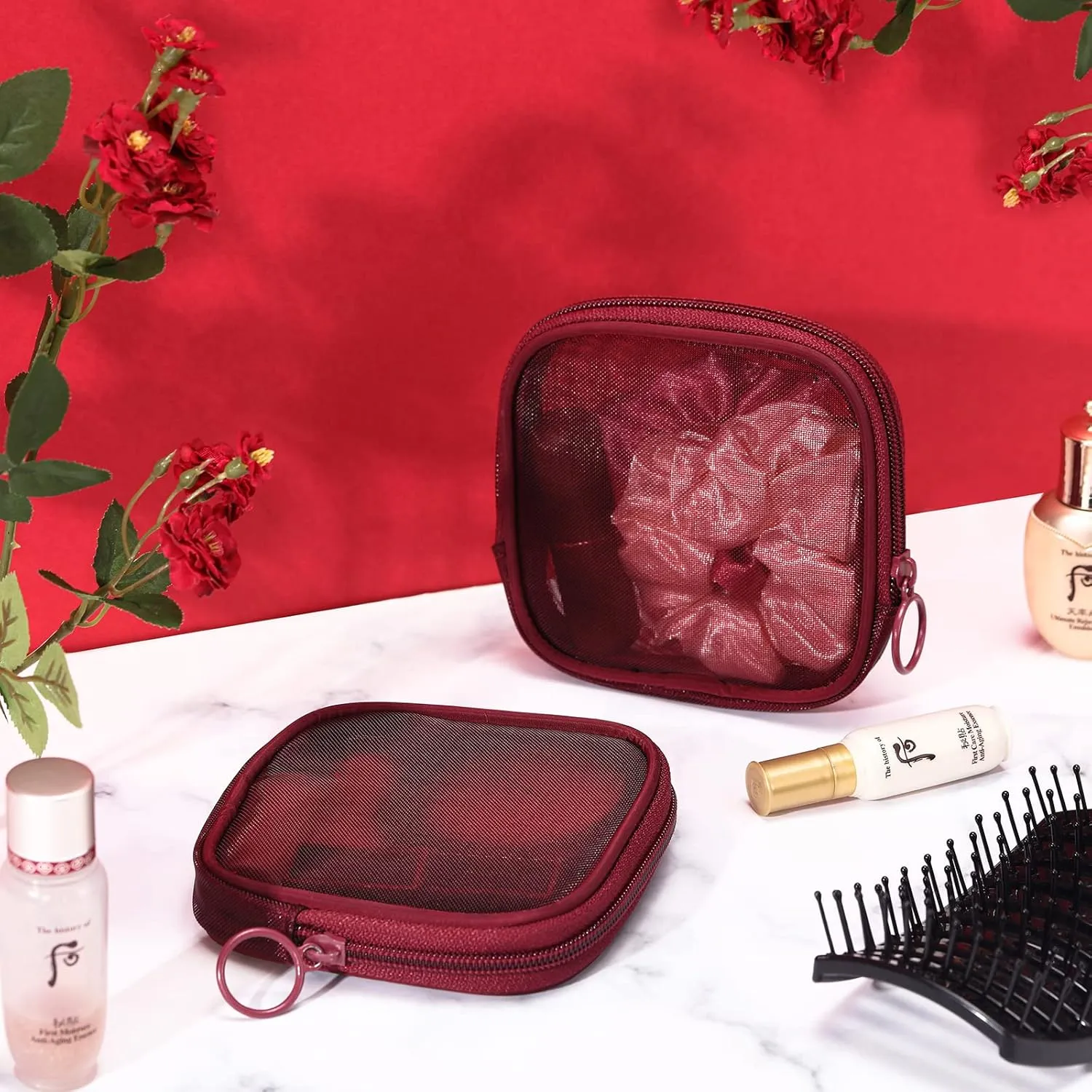 Weewooday 4 Pcs Mesh Makeup Bag Mesh Cosmetic Bag Travel Toiletry Pouch with Zipper Mini Makeup Cosmetic Purse for Daily Accessory(Small,Wine Red)