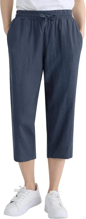 Weintee Women's Linen Crop Pants Capris with Pockets
