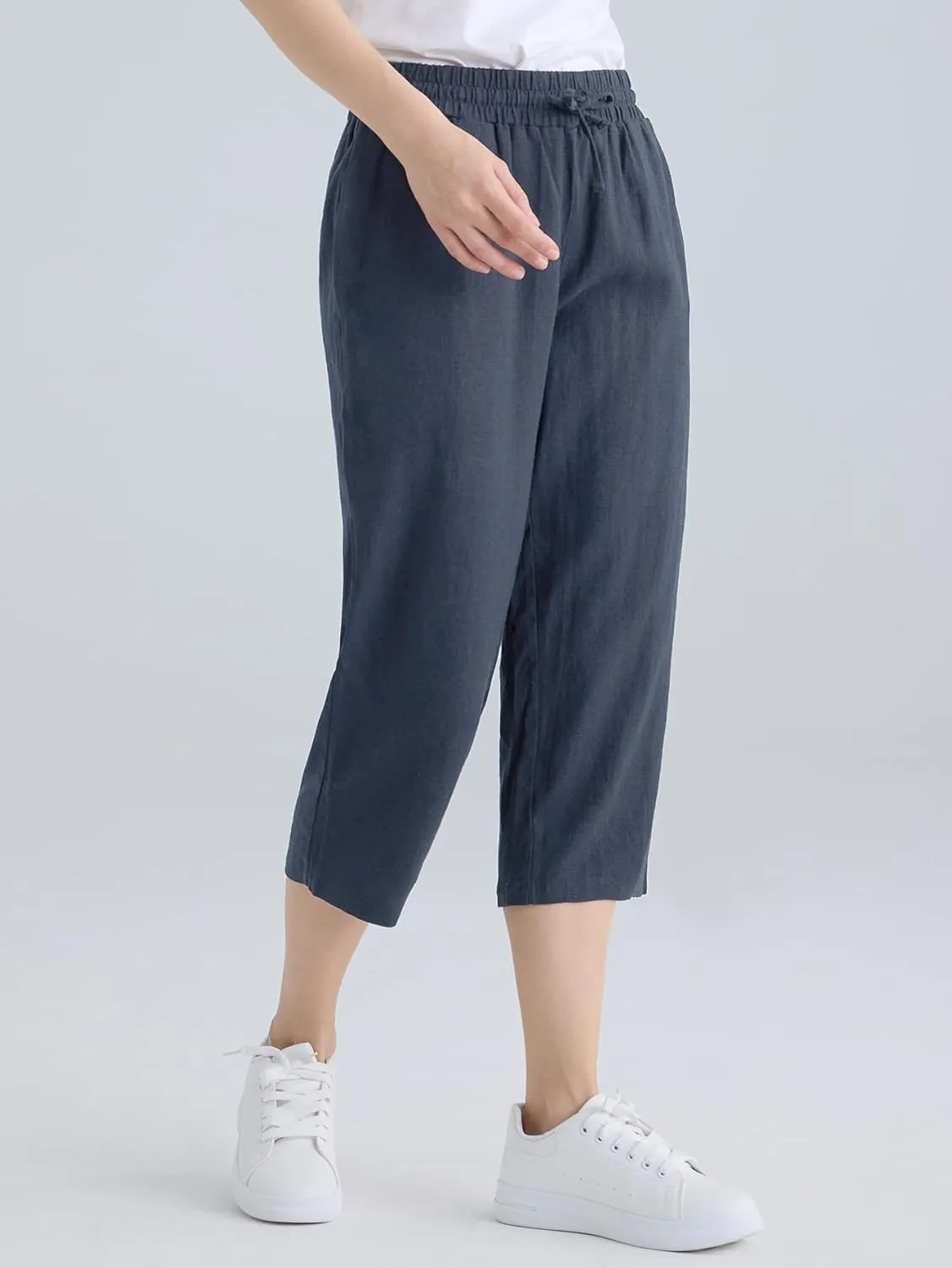 Weintee Women's Linen Crop Pants Capris with Pockets