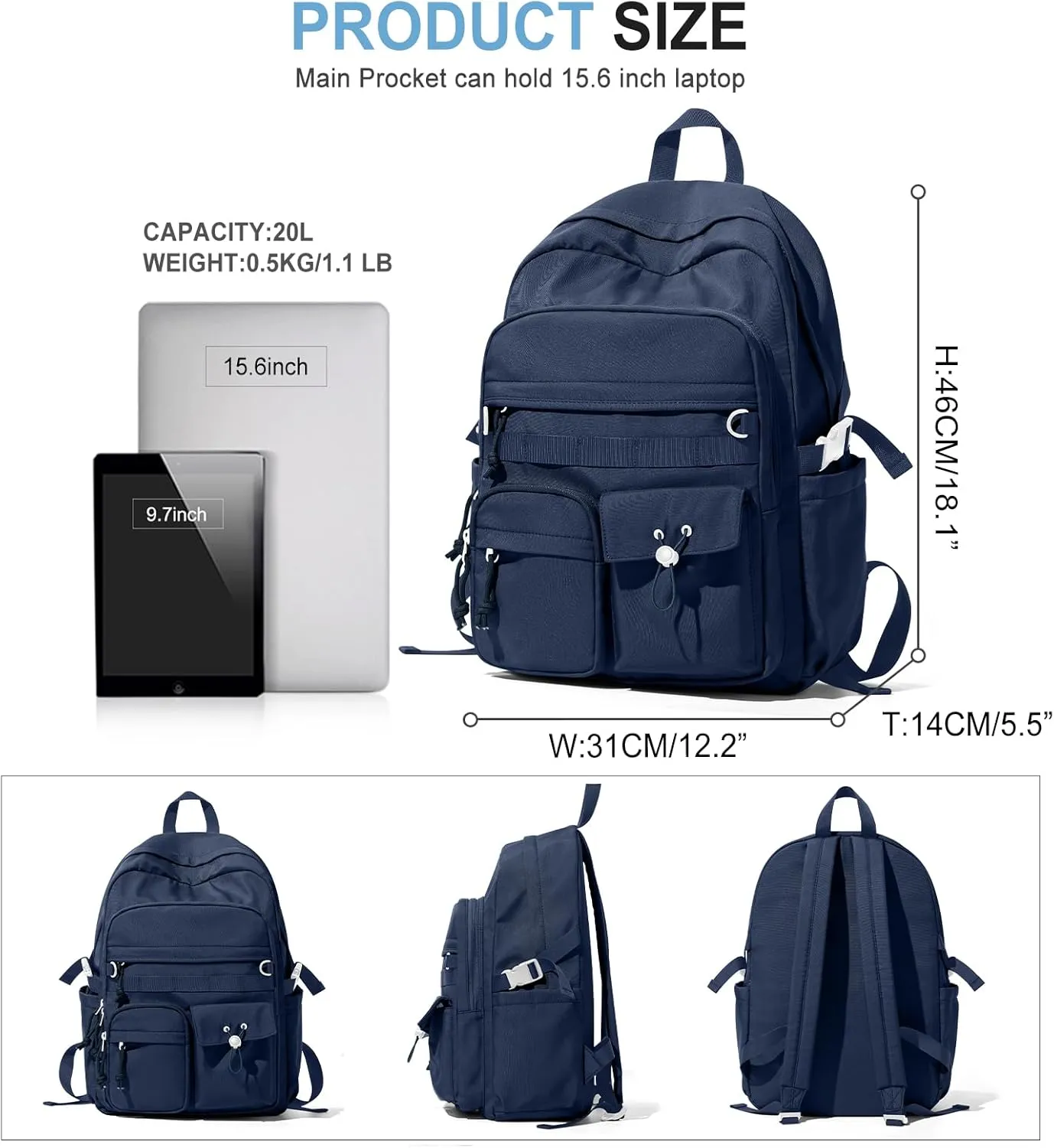 weradar High School Backpack For Women Men,Aesthetic College Backpack With Lots of Pockets,Lightweight Middle School Bag For Teens Girls Boys,Cute Bookbag(Blue)