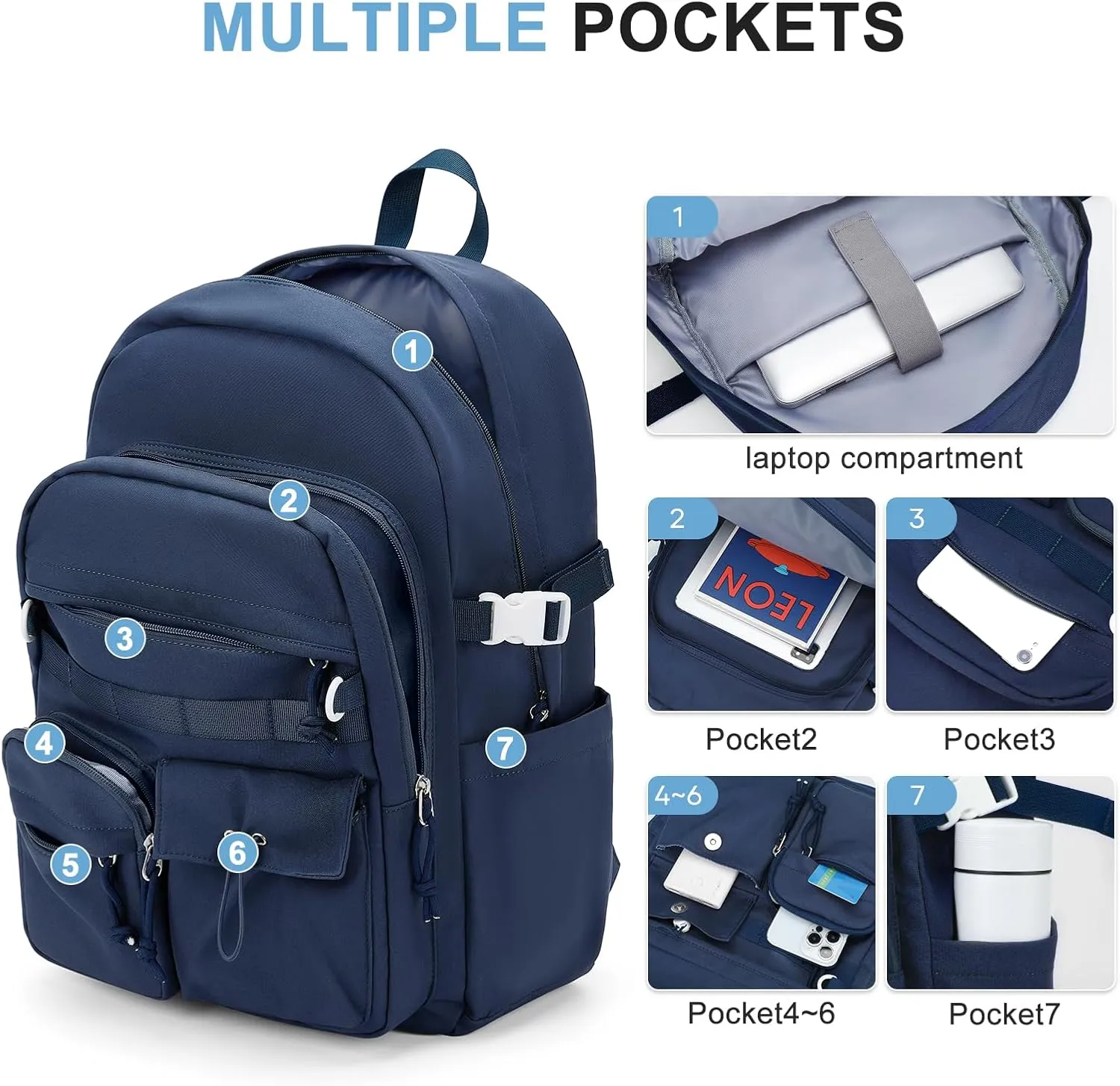 weradar High School Backpack For Women Men,Aesthetic College Backpack With Lots of Pockets,Lightweight Middle School Bag For Teens Girls Boys,Cute Bookbag(Blue)