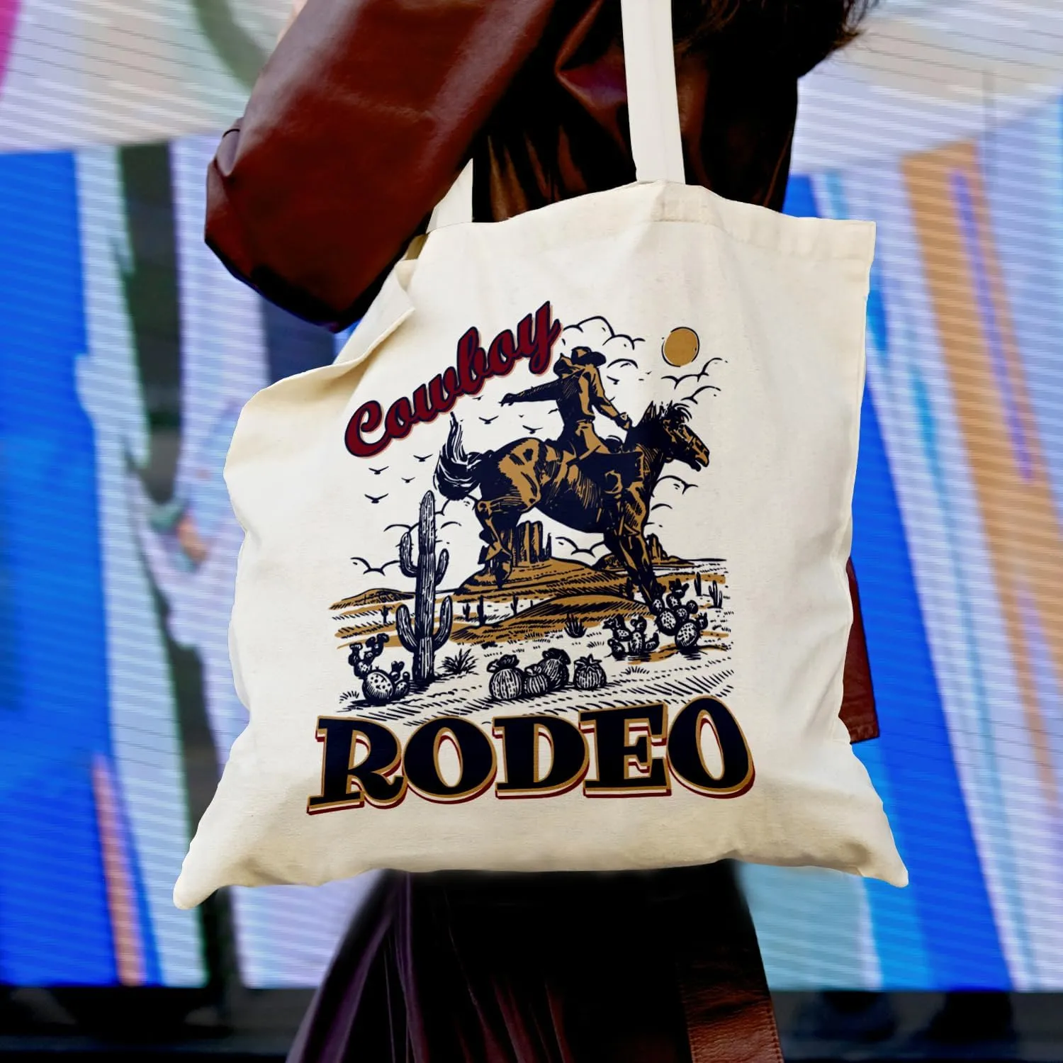 Western Cowboy Tote Bag - Retro Western Rodeo Cowboy Canvas Tote Bag, Vintage Western Cowboys Cowgirl Gifts for Women Men
