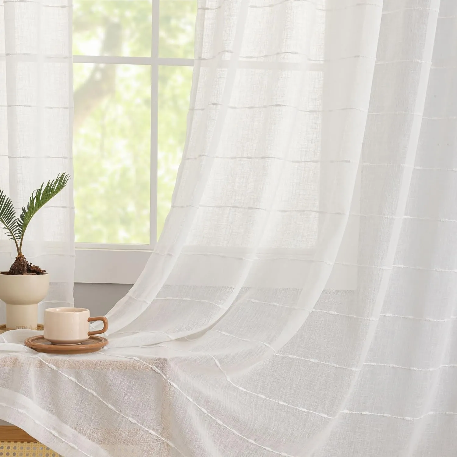 White Curtains 96" Long for Sliding Glass Patio Door - Set of 2 Embroidered with White Trim Faux Linen Pom Pom Curtains - Minimalist Boho Farmhouse Rustic Sheer 8ft x 52"W