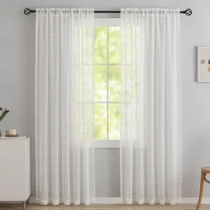 White Curtains 96" Long for Sliding Glass Patio Door - Set of 2 Embroidered with White Trim Faux Linen Pom Pom Curtains - Minimalist Boho Farmhouse Rustic Sheer 8ft x 52"W