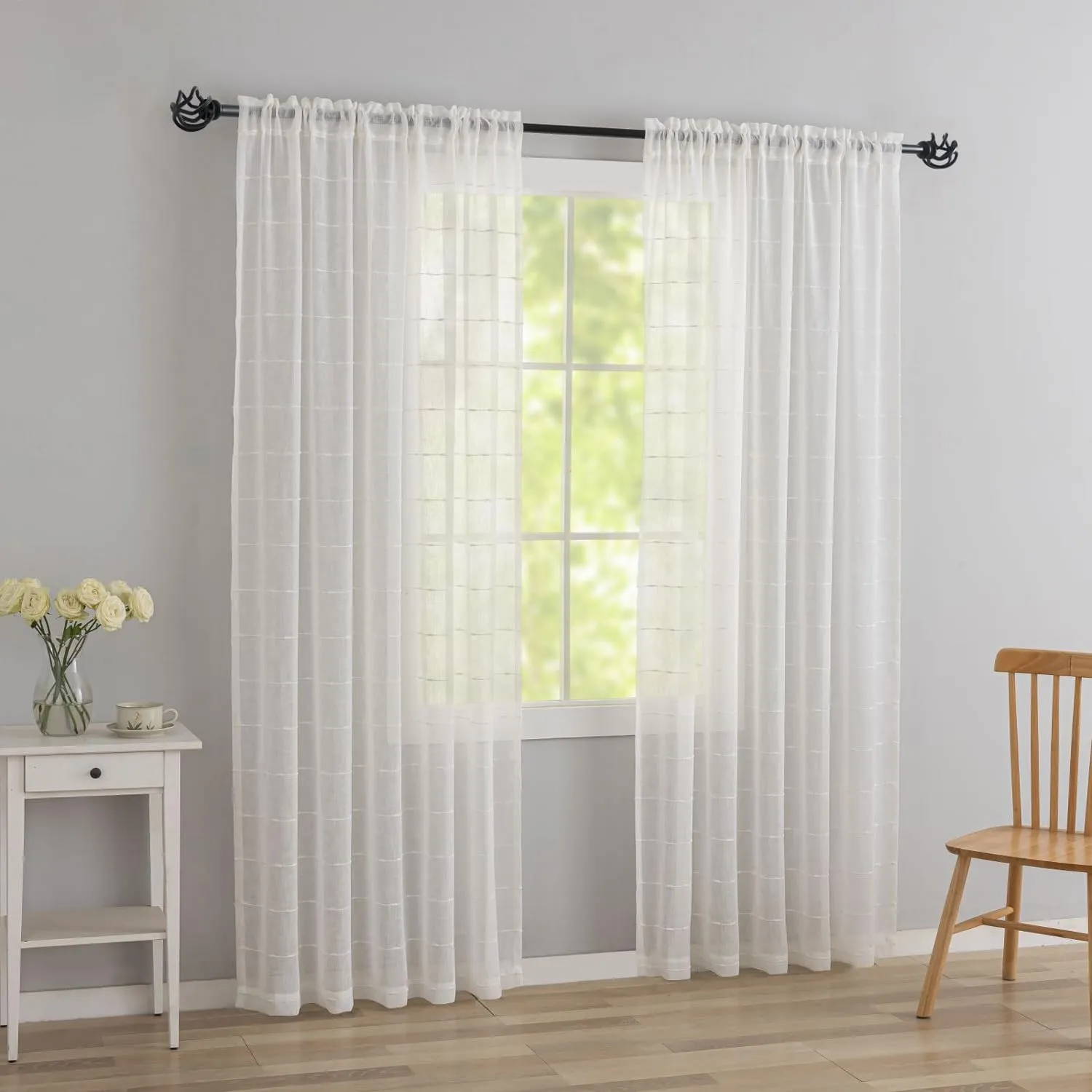 White Curtains 96" Long for Sliding Glass Patio Door - Set of 2 Embroidered with White Trim Faux Linen Pom Pom Curtains - Minimalist Boho Farmhouse Rustic Sheer 8ft x 52"W