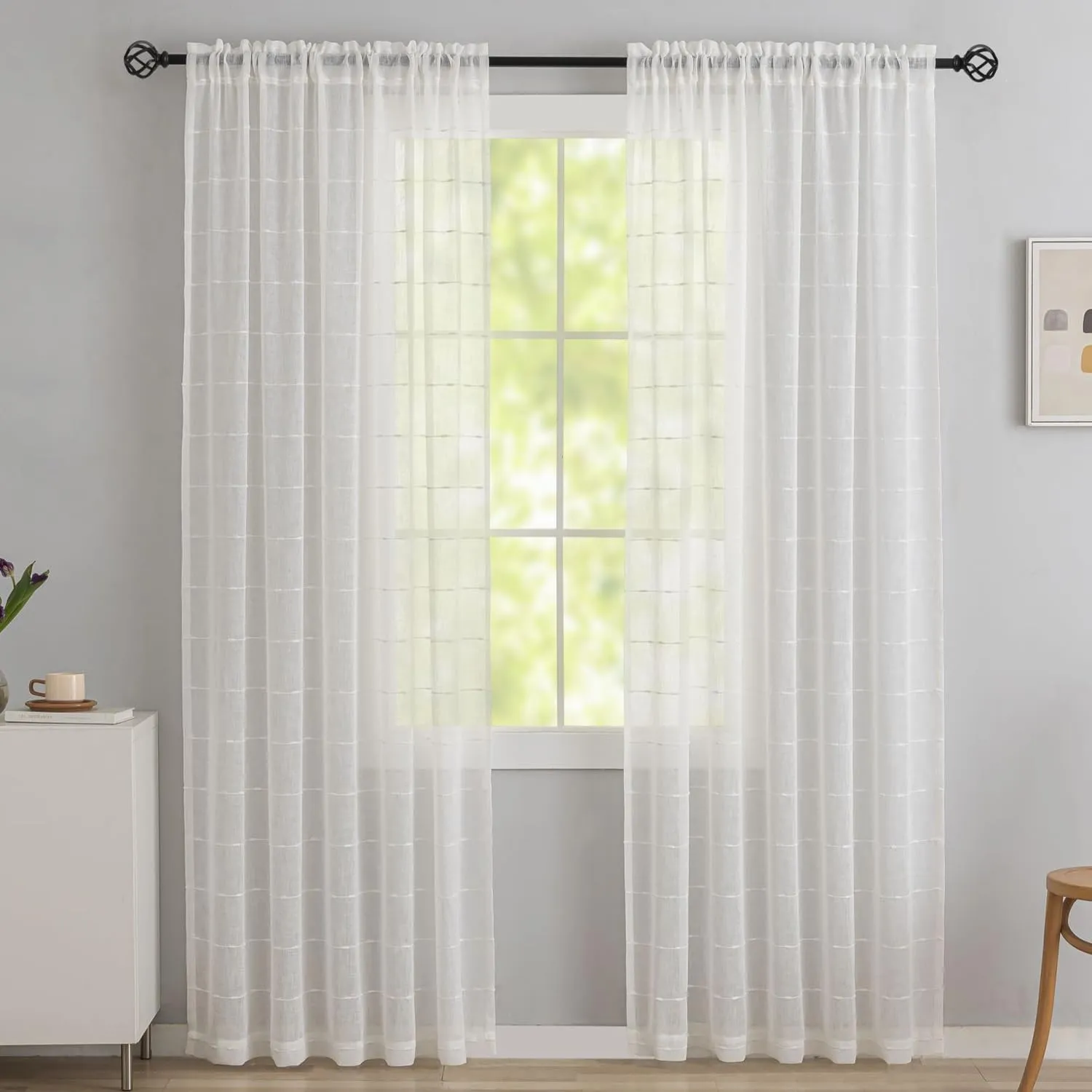 White Curtains 96" Long for Sliding Glass Patio Door - Set of 2 Embroidered with White Trim Faux Linen Pom Pom Curtains - Minimalist Boho Farmhouse Rustic Sheer 8ft x 52"W