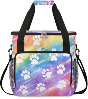 White Dog Paw Prints On Rainbow Coffee Maker Storage Bag, Travel Coffee Maker Carrying Storage Tote Bag Compatible with K-Mini or K-Mini Plus, Dustproof Tote Bag with Shoulder Strap for Women Men