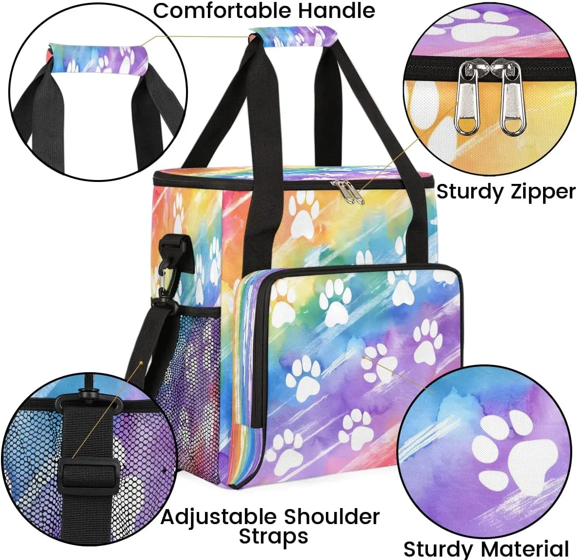 White Dog Paw Prints On Rainbow Coffee Maker Storage Bag, Travel Coffee Maker Carrying Storage Tote Bag Compatible with K-Mini or K-Mini Plus, Dustproof Tote Bag with Shoulder Strap for Women Men