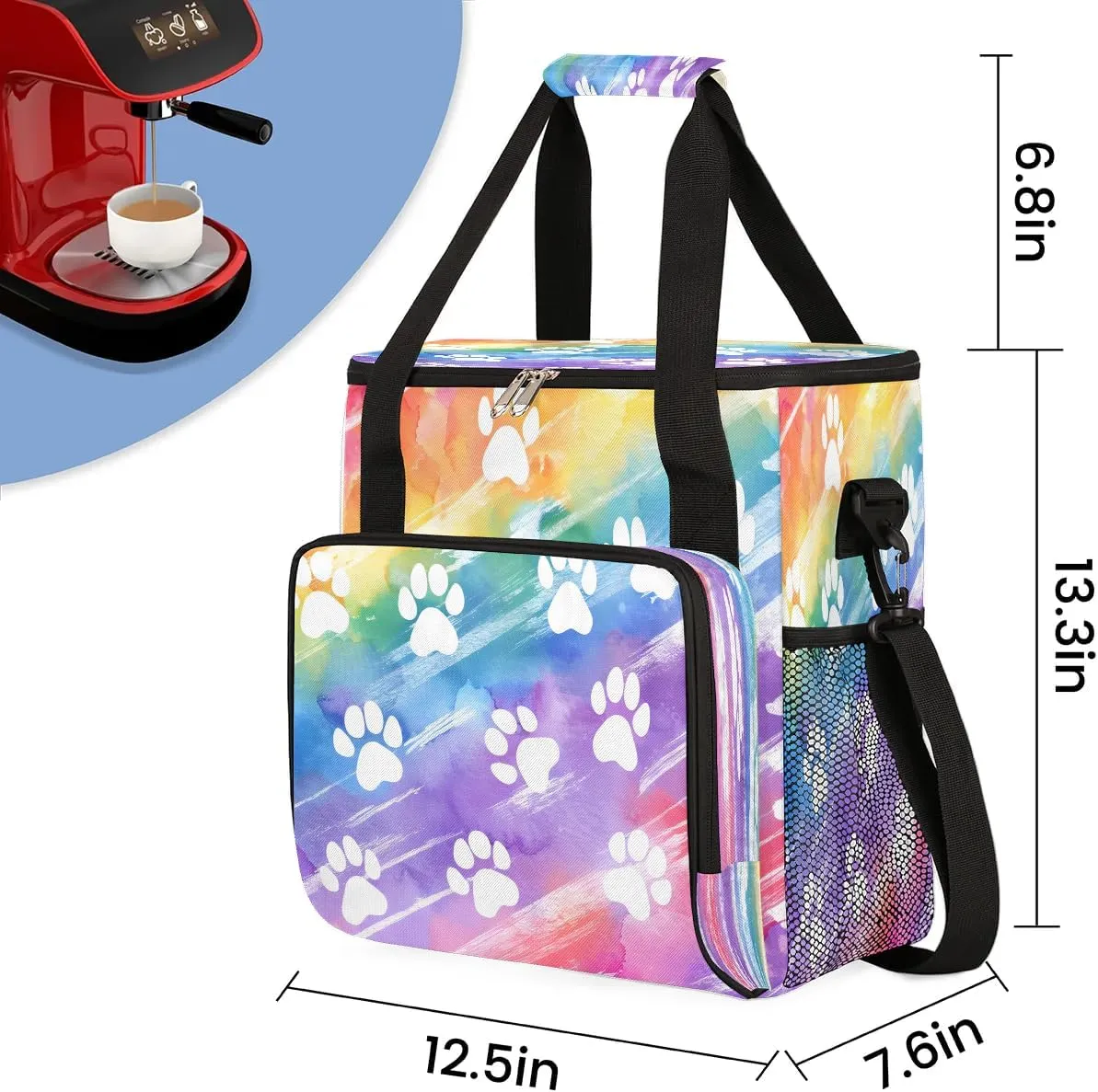 White Dog Paw Prints On Rainbow Coffee Maker Storage Bag, Travel Coffee Maker Carrying Storage Tote Bag Compatible with K-Mini or K-Mini Plus, Dustproof Tote Bag with Shoulder Strap for Women Men