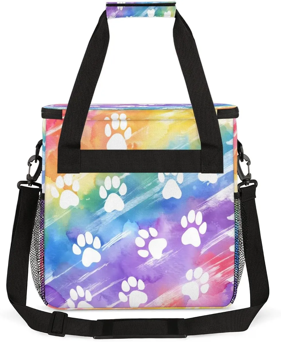 White Dog Paw Prints On Rainbow Coffee Maker Storage Bag, Travel Coffee Maker Carrying Storage Tote Bag Compatible with K-Mini or K-Mini Plus, Dustproof Tote Bag with Shoulder Strap for Women Men