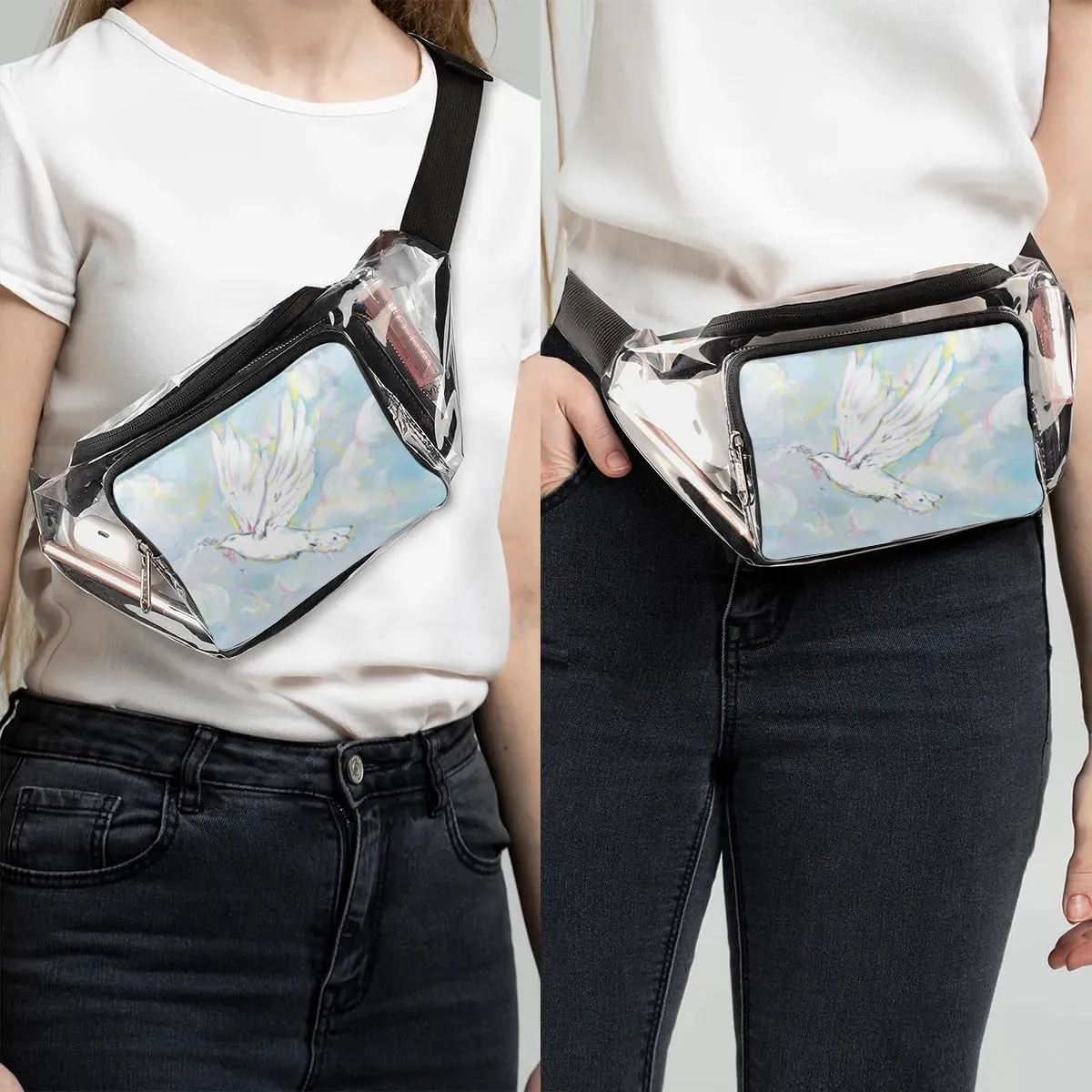 White Dove Flying Clear Fanny Pack Stadium Approved Clear Crossbody Belt Bag for Women Men Transparent Waist Bag with Adjustable Strap for Concerts Sports Events Travel