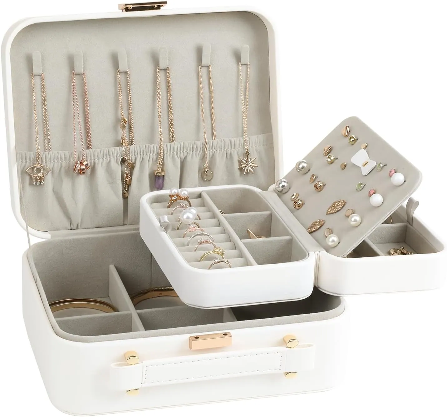 White Jewelry Box, Large Travel Jewelry Case Organizer, 2 Layer Jewelry Holder Organizer, Traveling Jewelry Organizer for Women, Watch Case for Women, White