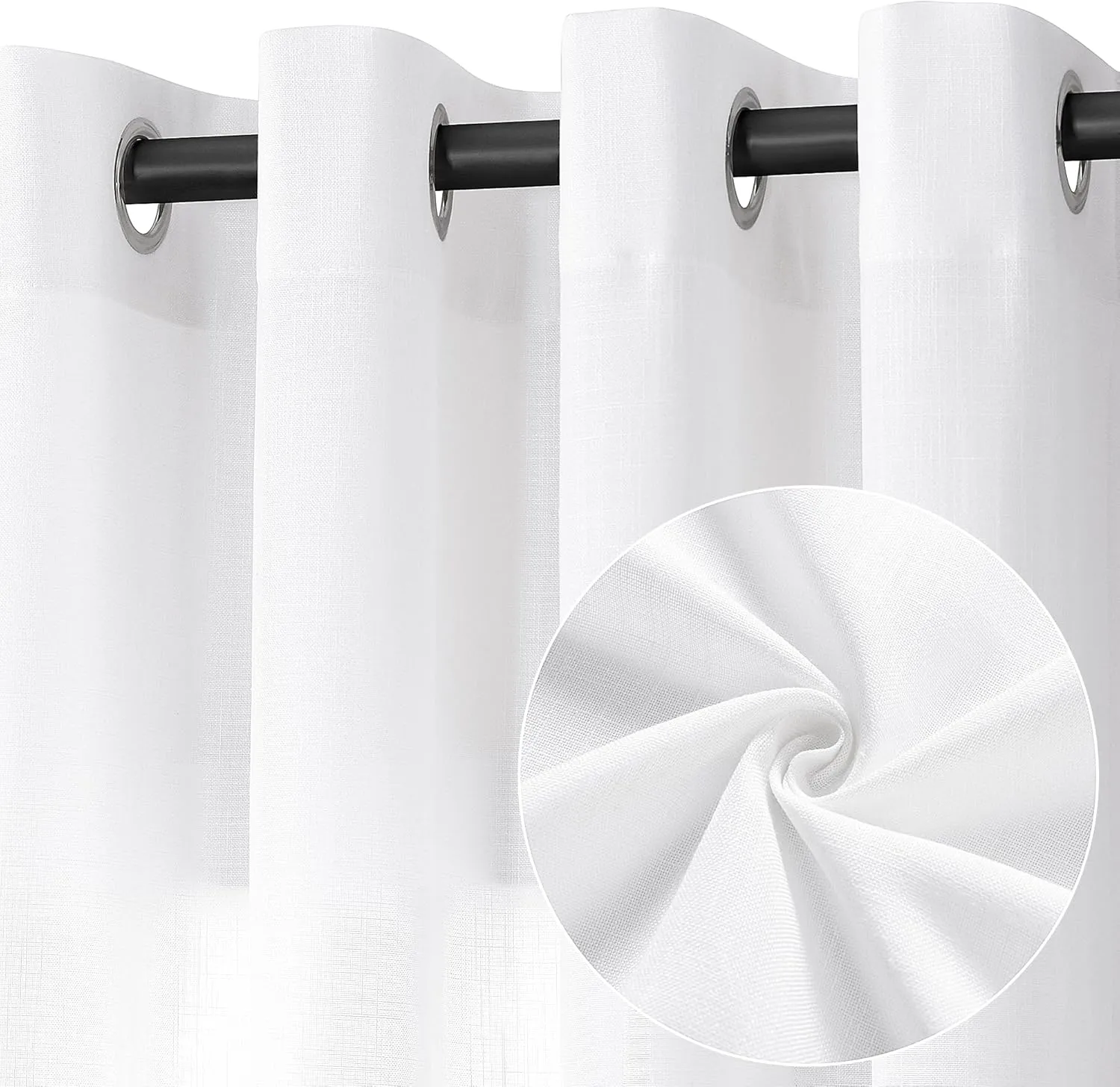 White Linen Curtains 48 Inch Length 2 Panels for Living Room Bedroom, Light Filtering Sheer Curtains 48 Inches, Elegant Modern Grommet Semi Sheer Soft Privacy Drapes