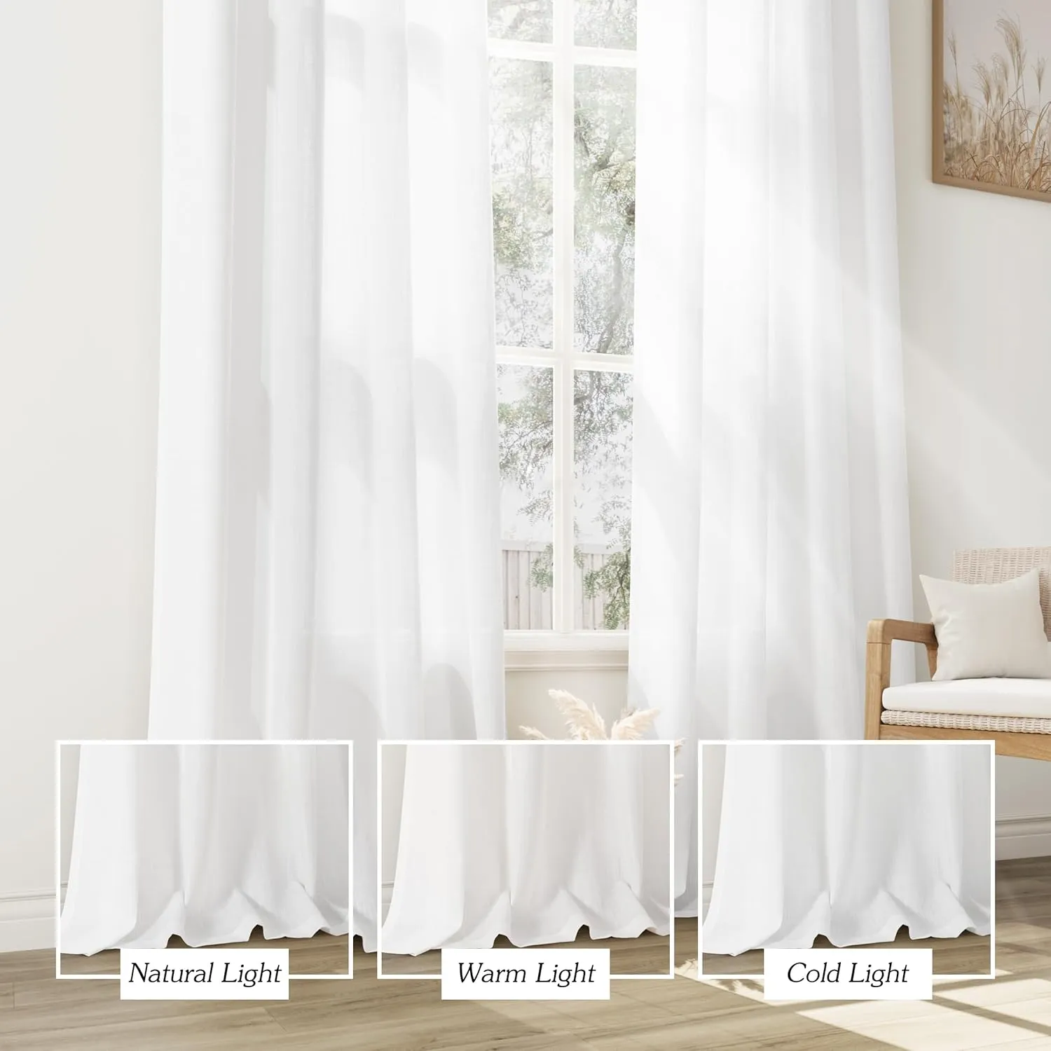 White Linen Curtains 48 Inch Length 2 Panels for Living Room Bedroom, Light Filtering Sheer Curtains 48 Inches, Elegant Modern Grommet Semi Sheer Soft Privacy Drapes
