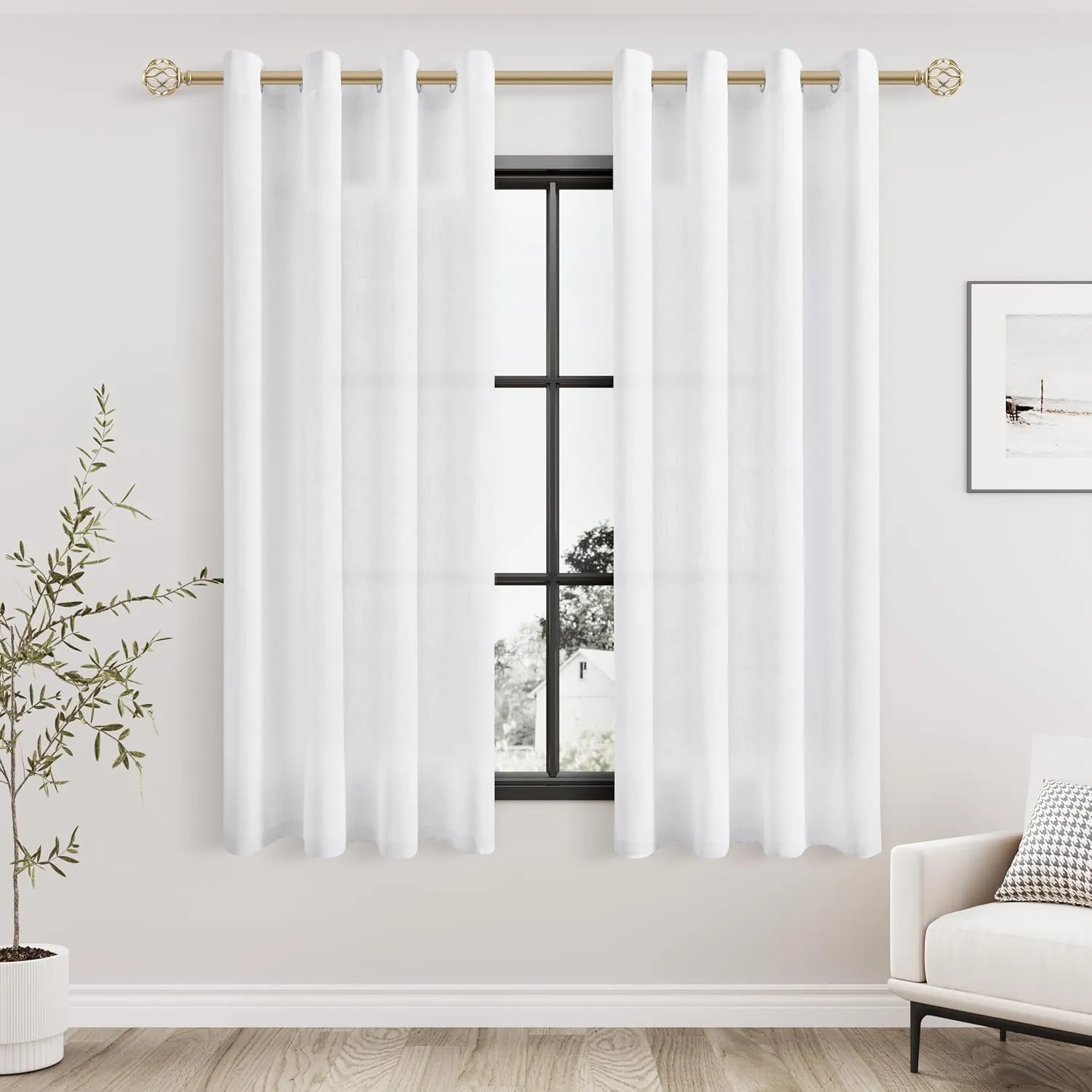 White Linen Curtains 48 Inch Length 2 Panels for Living Room Bedroom, Light Filtering Sheer Curtains 48 Inches, Elegant Modern Grommet Semi Sheer Soft Privacy Drapes