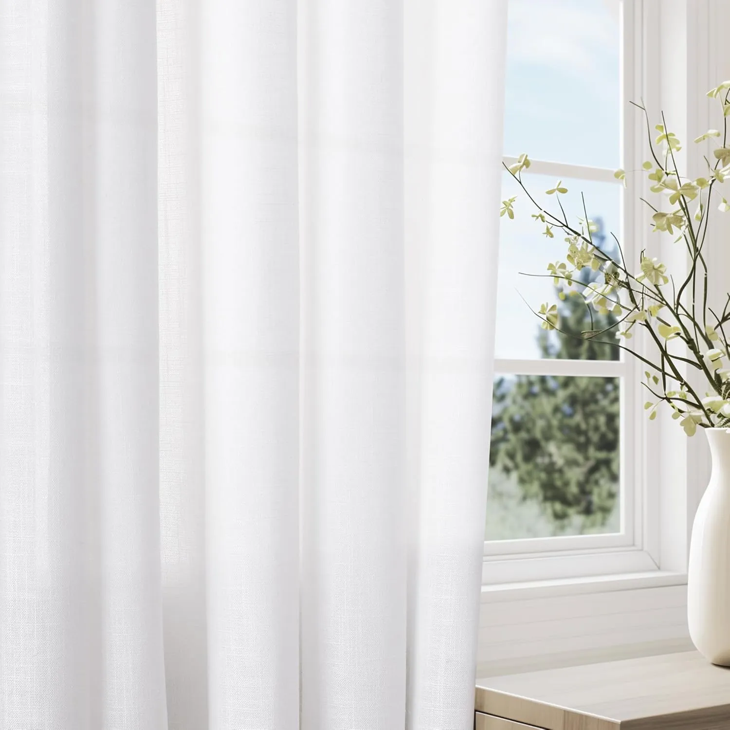 White Linen Curtains 48 Inch Length 2 Panels for Living Room Bedroom, Light Filtering Sheer Curtains 48 Inches, Elegant Modern Grommet Semi Sheer Soft Privacy Drapes