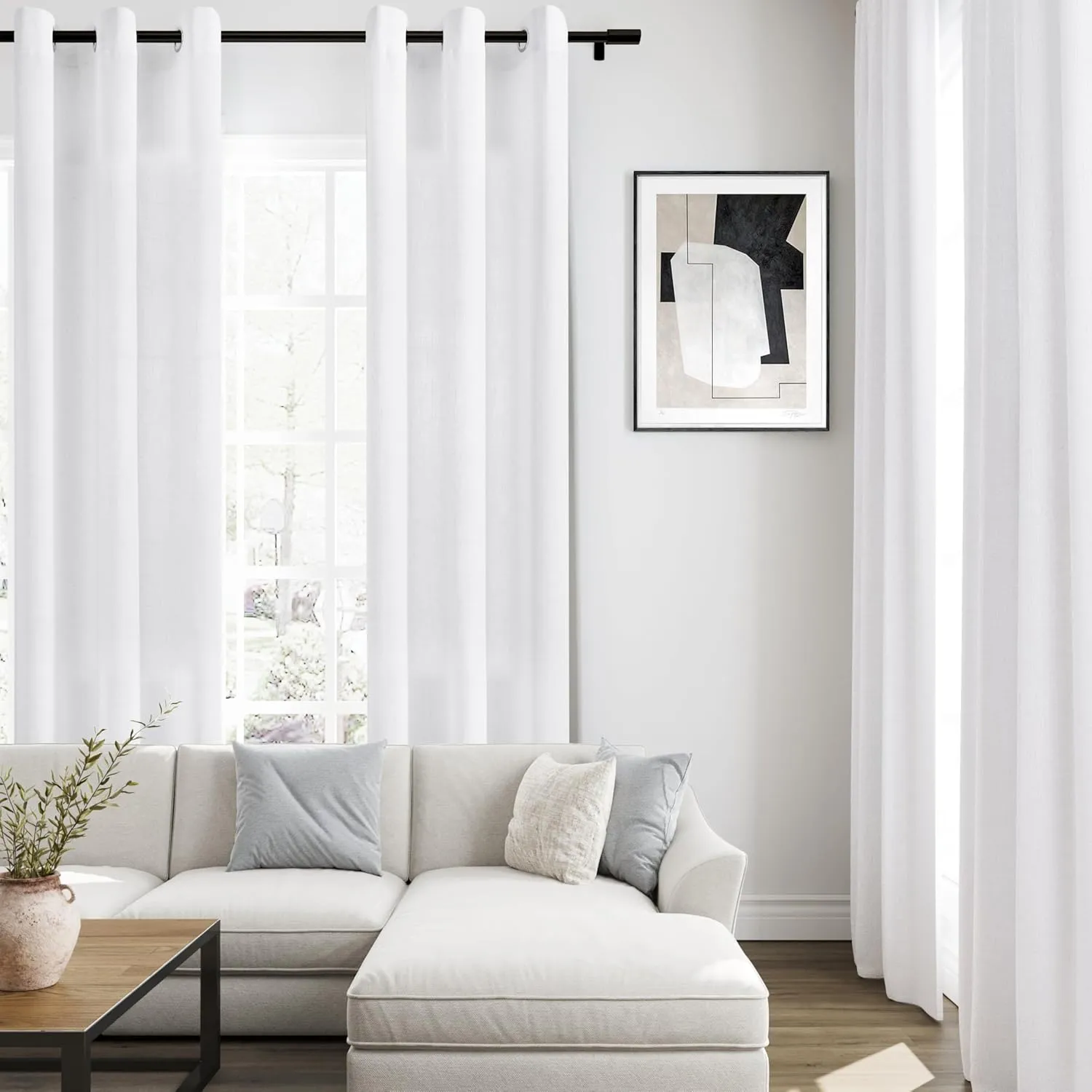 White Linen Curtains 48 Inch Length 2 Panels for Living Room Bedroom, Light Filtering Sheer Curtains 48 Inches, Elegant Modern Grommet Semi Sheer Soft Privacy Drapes