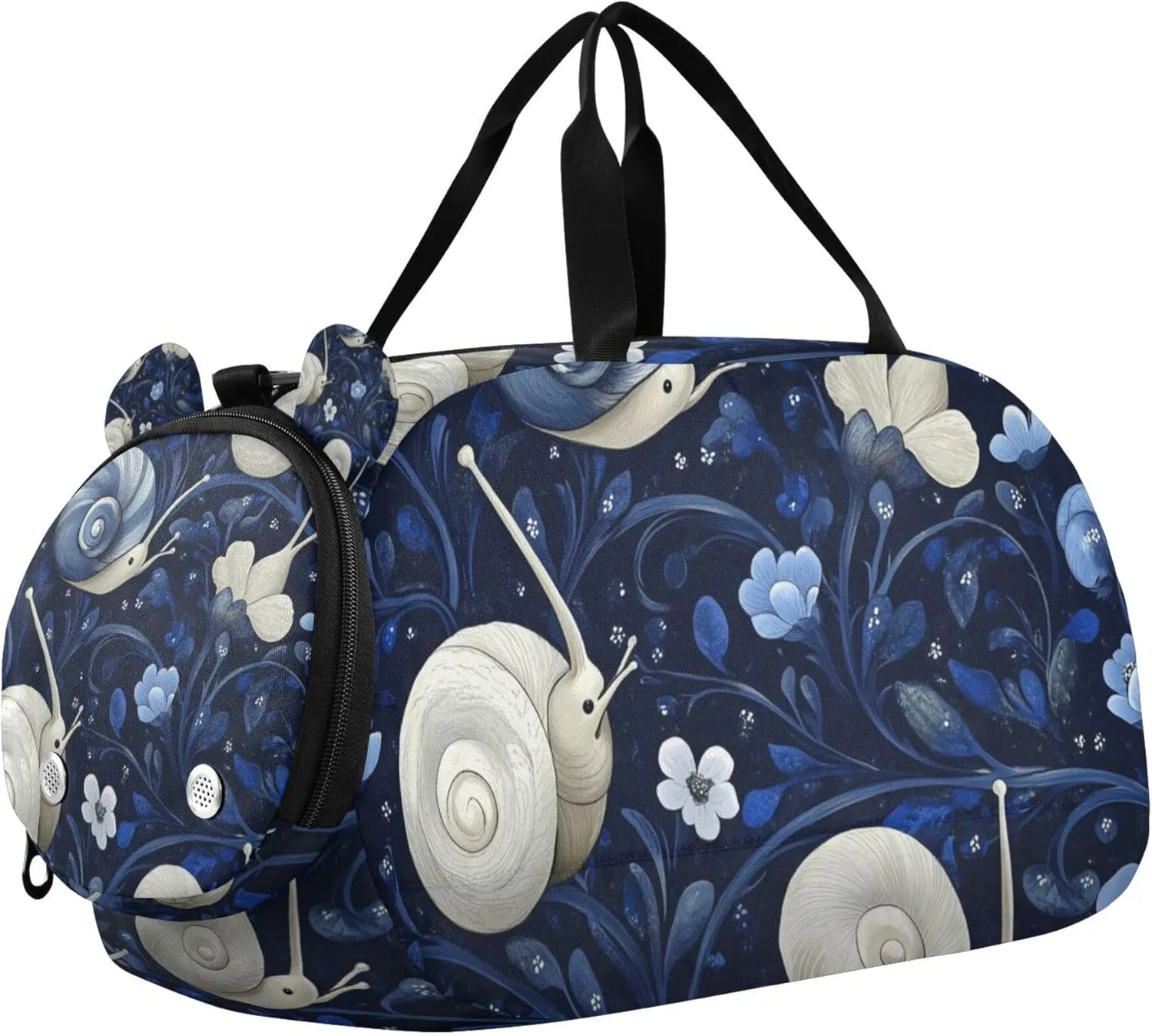 White Snails Flowers Sports Duffle Bag for Teens Girls Boys, Gym Bag with Shoe Compartment, Kids Travel Overnight Weekender Shoulder Bag