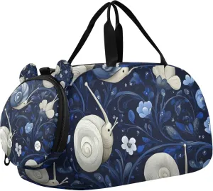 White Snails Flowers Sports Duffle Bag for Teens Girls Boys, Gym Bag with Shoe Compartment, Kids Travel Overnight Weekender Shoulder Bag