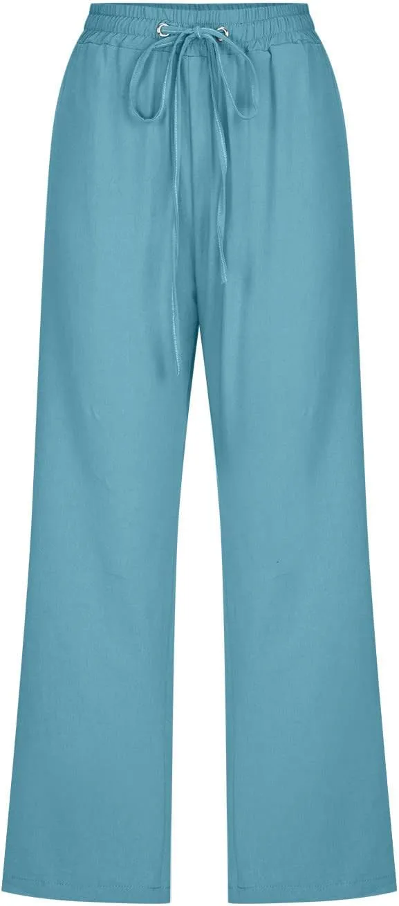 Wide Leg Capri Pants for Women Casual Summer Drawstring Elastic High Waist Cotton Linen Pant Cropped Trousers
