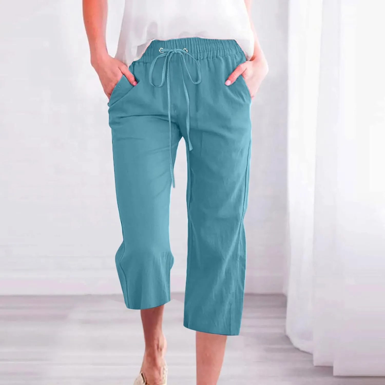 Wide Leg Capri Pants for Women Casual Summer Drawstring Elastic High Waist Cotton Linen Pant Cropped Trousers