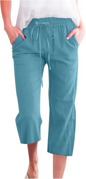Wide Leg Capri Pants for Women Casual Summer Drawstring Elastic High Waist Cotton Linen Pant Cropped Trousers