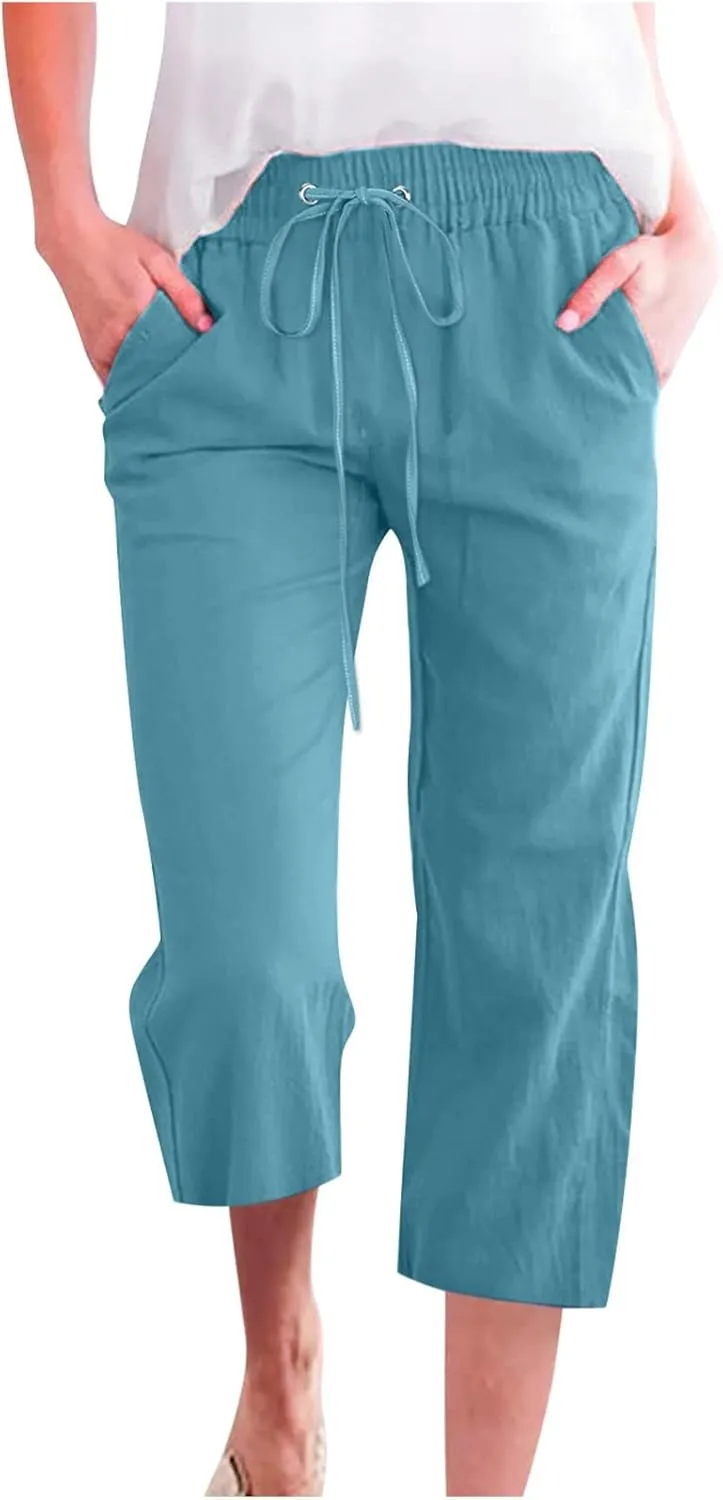Wide Leg Capri Pants for Women Casual Summer Drawstring Elastic High Waist Cotton Linen Pant Cropped Trousers