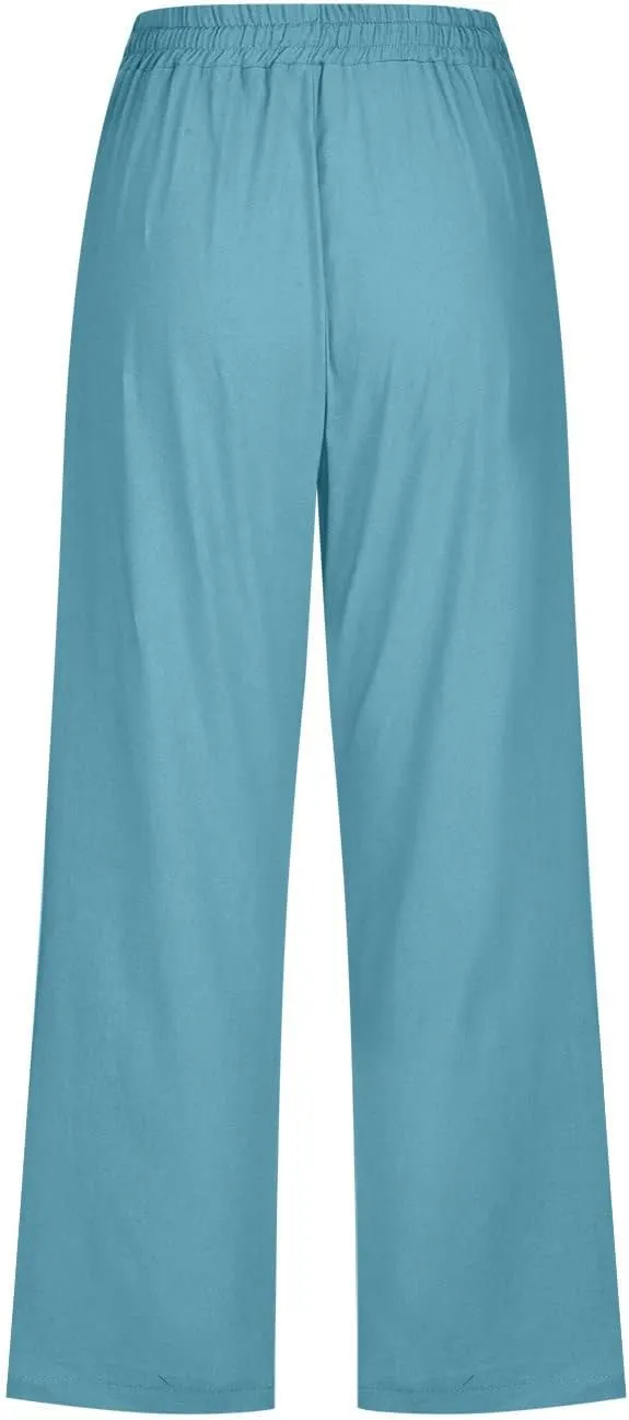 Wide Leg Capri Pants for Women Casual Summer Drawstring Elastic High Waist Cotton Linen Pant Cropped Trousers
