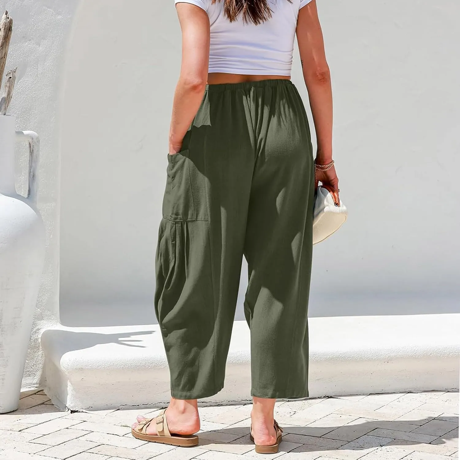Wide Leg Capri Pants for Women Elastic Waist Casual Loose Summer Capris Beach Travel Vacation Palazzo Harem Pants