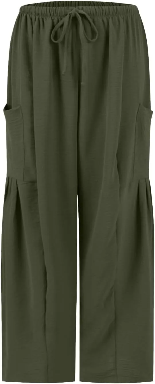 Wide Leg Capri Pants for Women Elastic Waist Casual Loose Summer Capris Beach Travel Vacation Palazzo Harem Pants