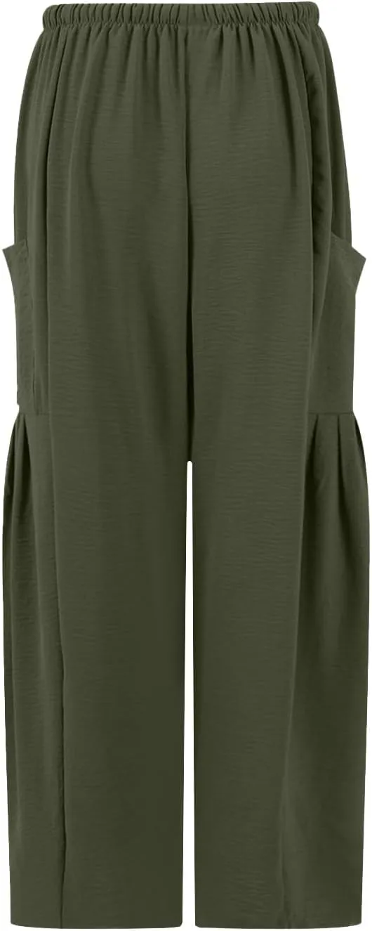 Wide Leg Capri Pants for Women Elastic Waist Casual Loose Summer Capris Beach Travel Vacation Palazzo Harem Pants