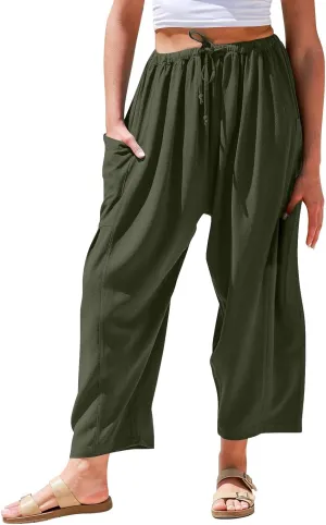 Wide Leg Capri Pants for Women Elastic Waist Casual Loose Summer Capris Beach Travel Vacation Palazzo Harem Pants