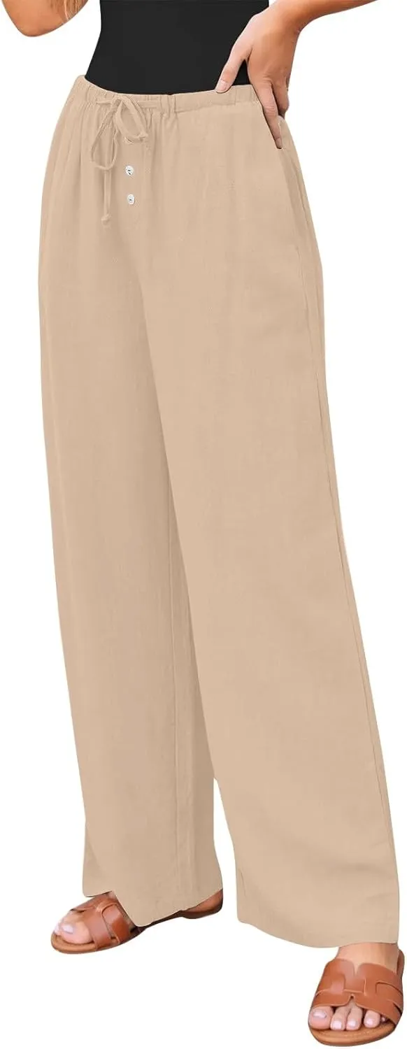 Wide Leg Linen Pants Women Drawstring High Waist Lightweight Palazzo Pants Lounge Boho Beach Flowy Trousers w/Pockets
