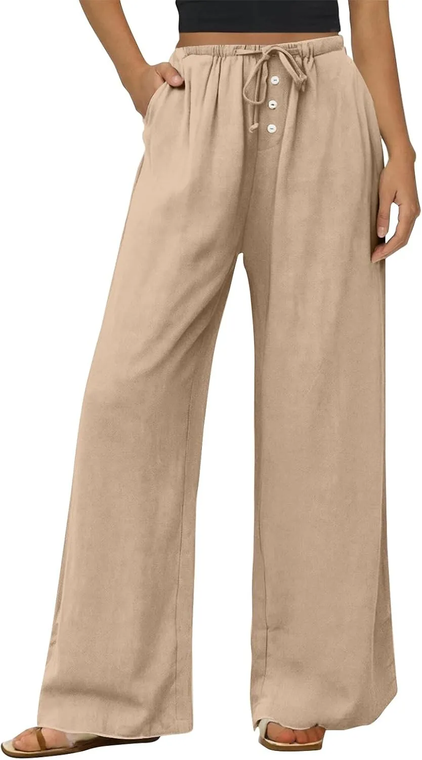 Wide Leg Linen Pants Women Drawstring High Waist Lightweight Palazzo Pants Lounge Boho Beach Flowy Trousers w/Pockets