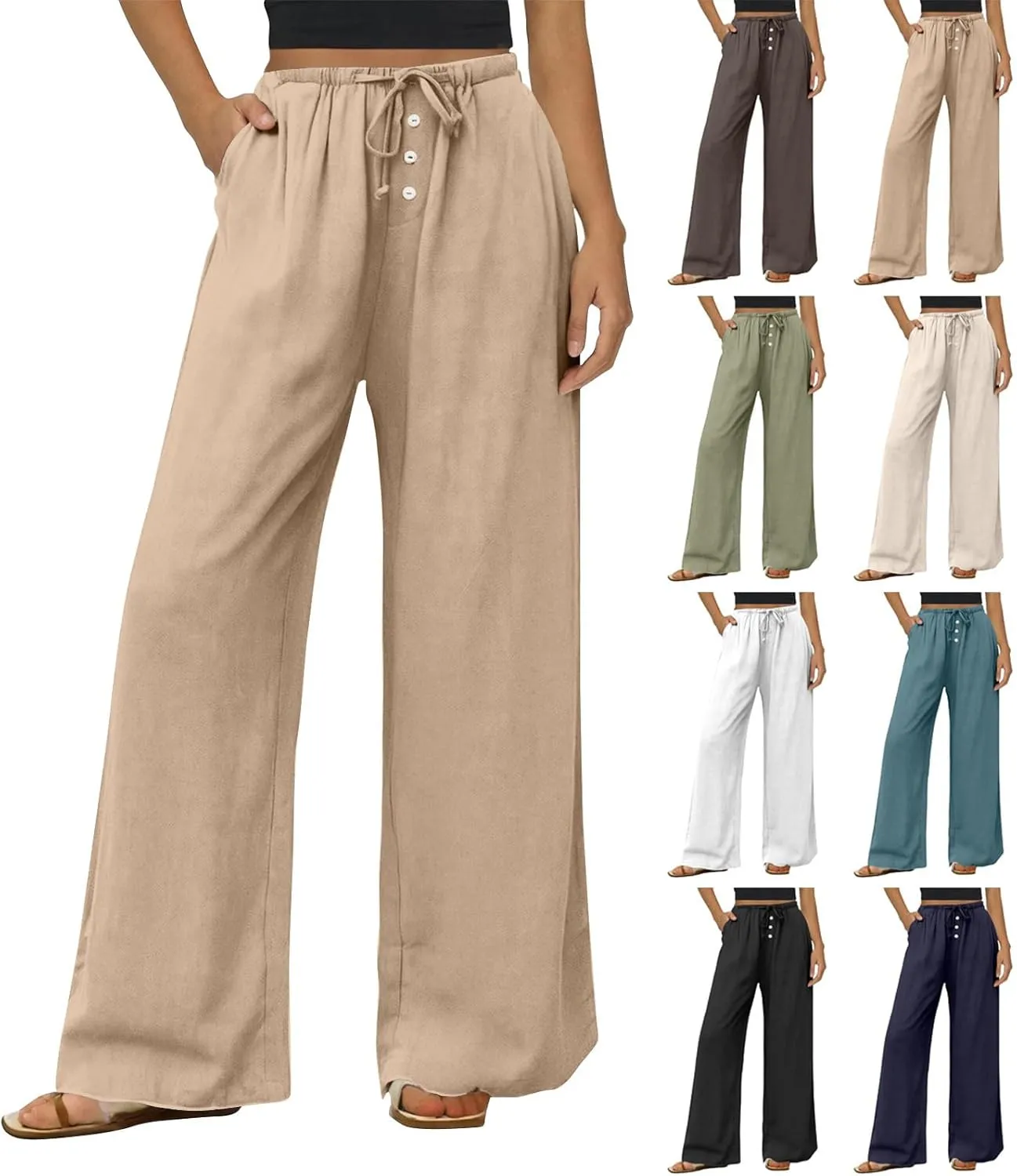 Wide Leg Linen Pants Women Drawstring High Waist Lightweight Palazzo Pants Lounge Boho Beach Flowy Trousers w/Pockets