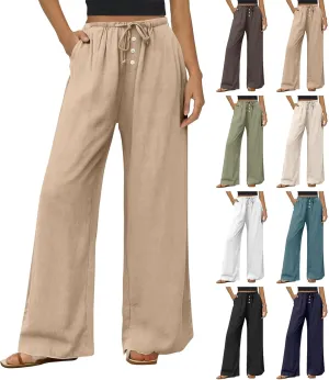Wide Leg Linen Pants Women Drawstring High Waist Lightweight Palazzo Pants Lounge Boho Beach Flowy Trousers w/Pockets