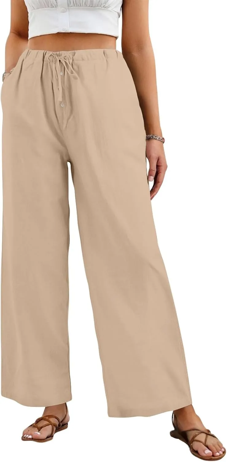Wide Leg Linen Pants Women Drawstring High Waist Lightweight Palazzo Pants Lounge Boho Beach Flowy Trousers w/Pockets