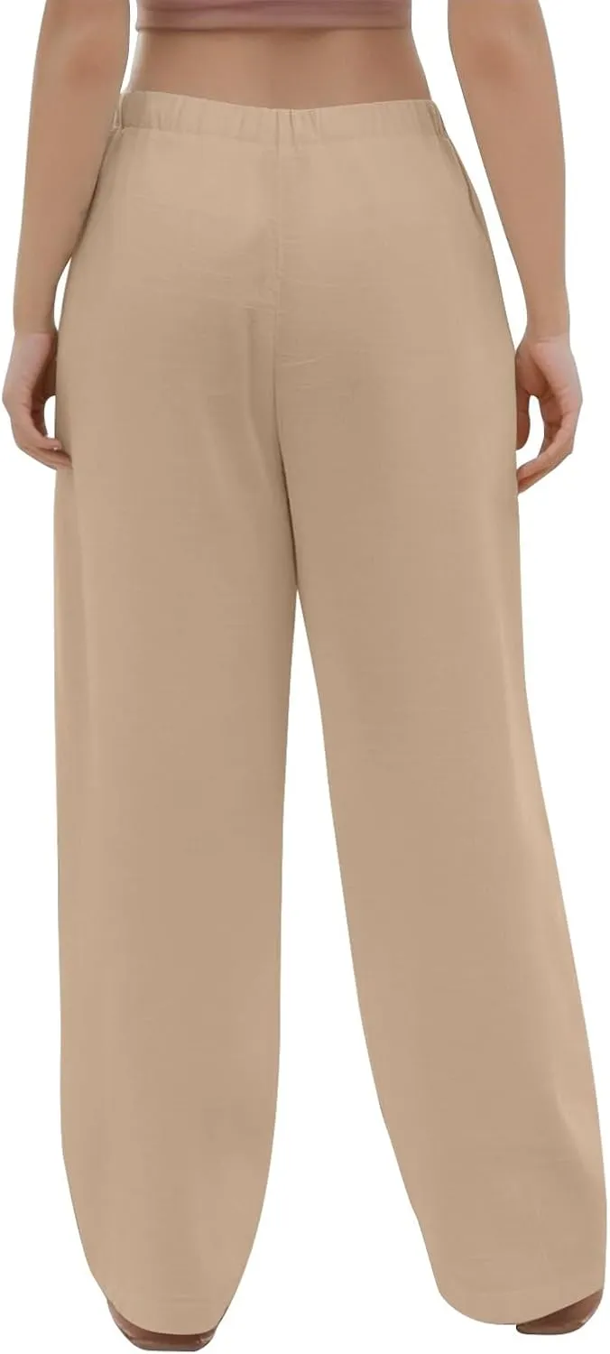 Wide Leg Linen Pants Women Drawstring High Waist Lightweight Palazzo Pants Lounge Boho Beach Flowy Trousers w/Pockets