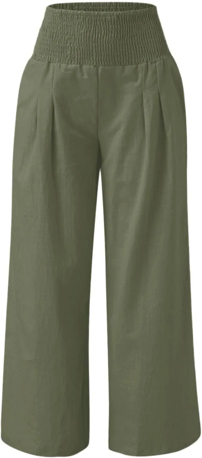 Wide Leg Pants Women Summer Casual Drawstring High Waist Cotton Linen Trousers Resort Wear Beach Trendy Palazzo Pant