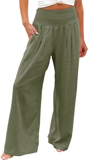 Wide Leg Pants Women Summer Casual Drawstring High Waist Cotton Linen Trousers Resort Wear Beach Trendy Palazzo Pant