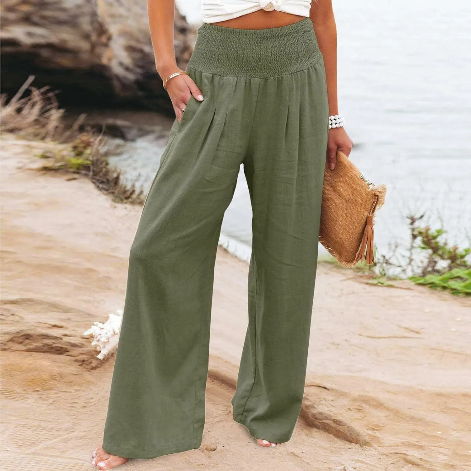 Wide Leg Pants Women Summer Casual Drawstring High Waist Cotton Linen Trousers Resort Wear Beach Trendy Palazzo Pant