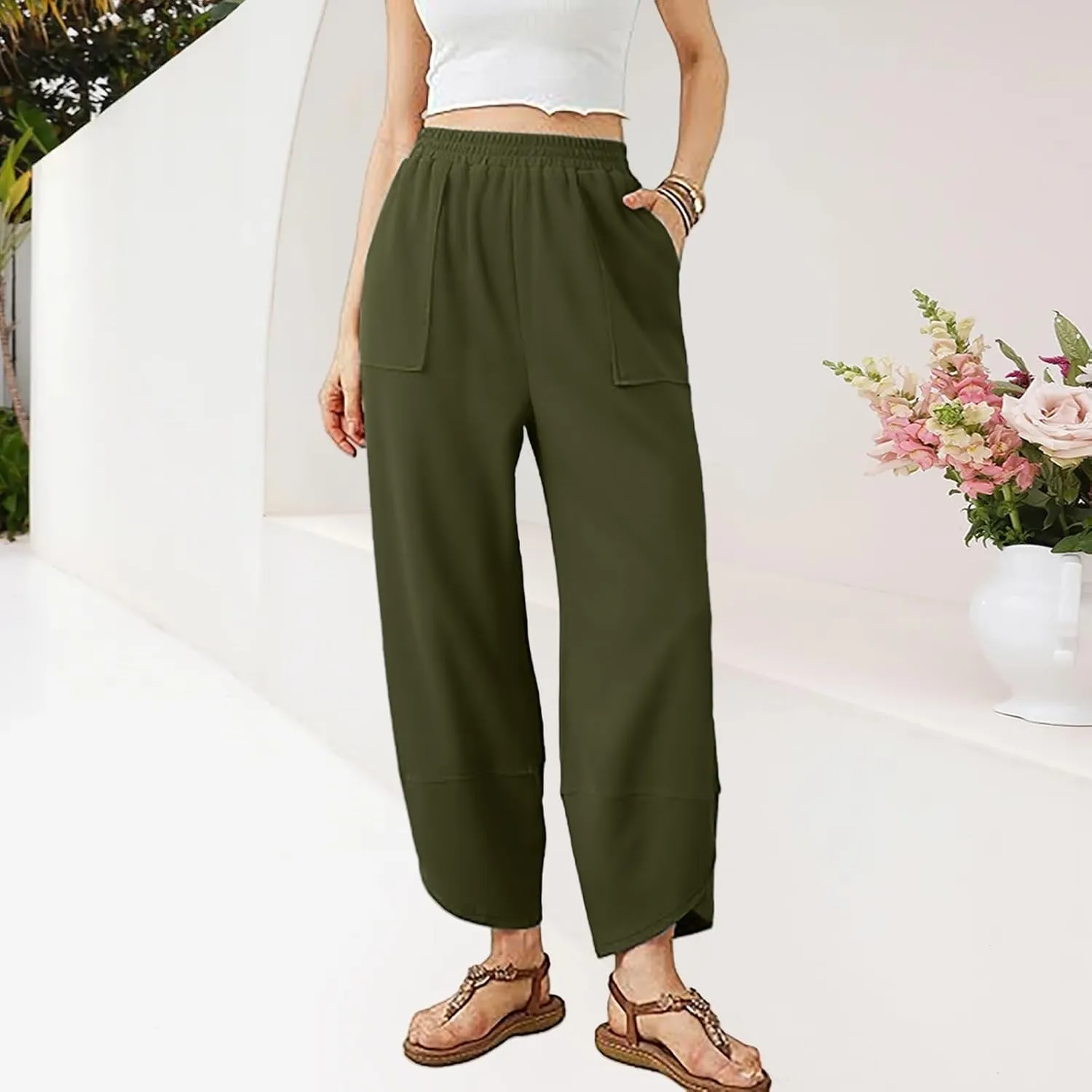Wide Leg Sweatpants for Women Elastic High Waisted Workout Pant Trendy Solid Color Palazzo Pants with Pockets 2025
