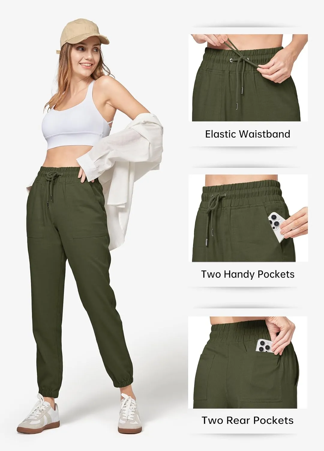 Willit Women Linen Pants Joggers Casual Lightweight Lounge Cotton Linen Travel Beach Summer Pants with Pockets 25.5"/28"