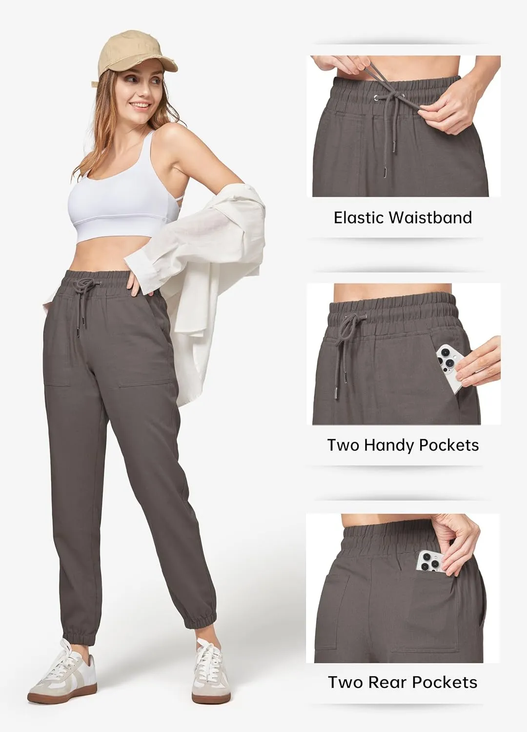Willit Women Linen Pants Joggers Casual Lightweight Lounge Cotton Linen Travel Beach Summer Pants with Pockets 25.5"/28"