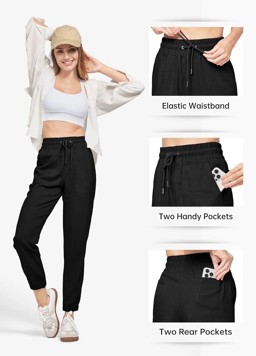 Willit Women Linen Pants Joggers Casual Lightweight Lounge Cotton Linen Travel Beach Summer Pants with Pockets 28"